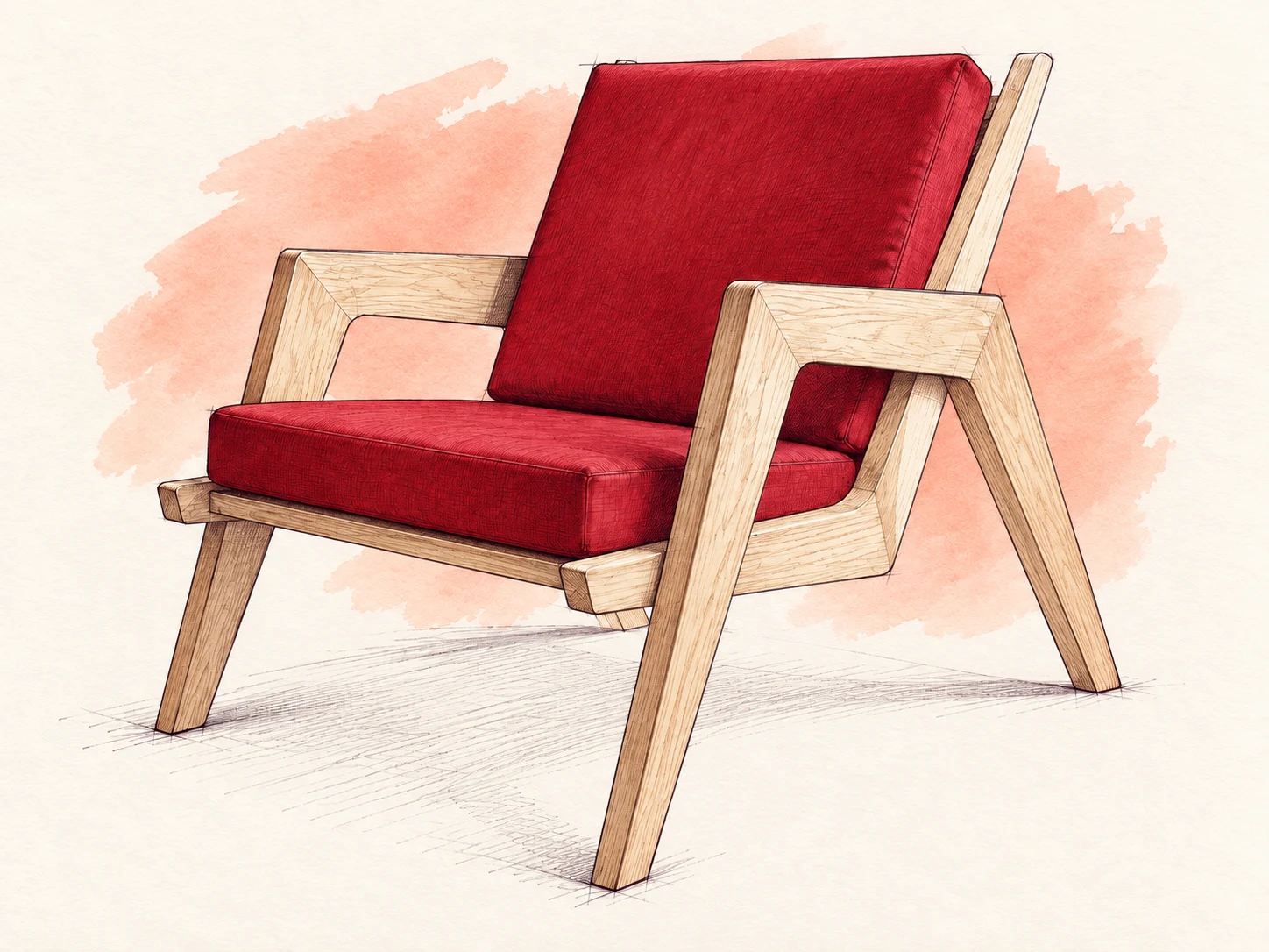A handmade ash lounge chair with red cushions